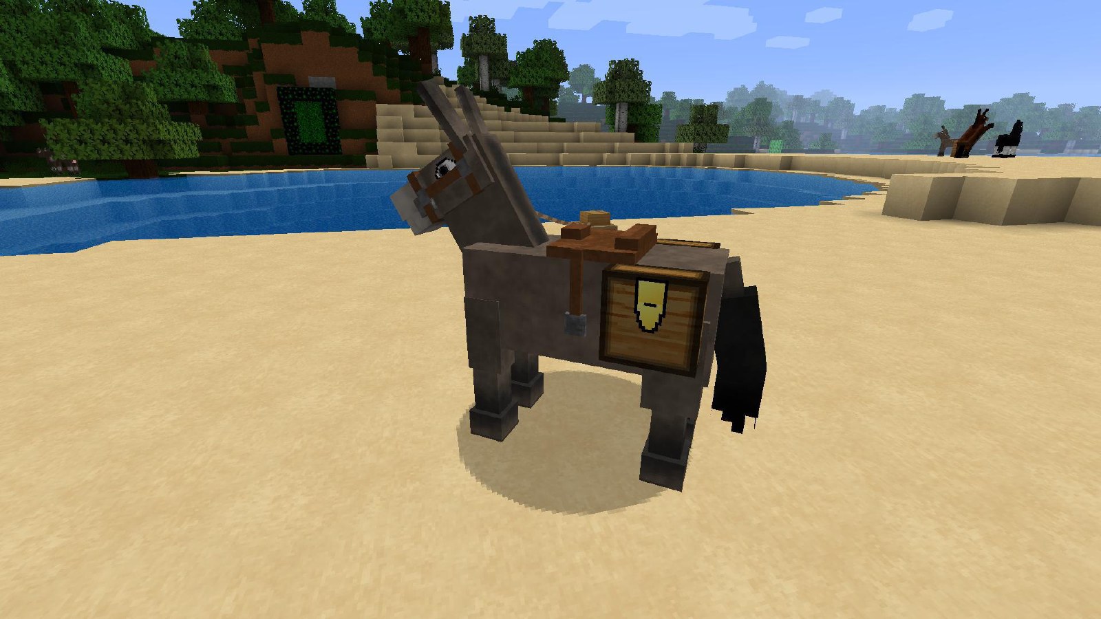 A donkey equipped with a chest