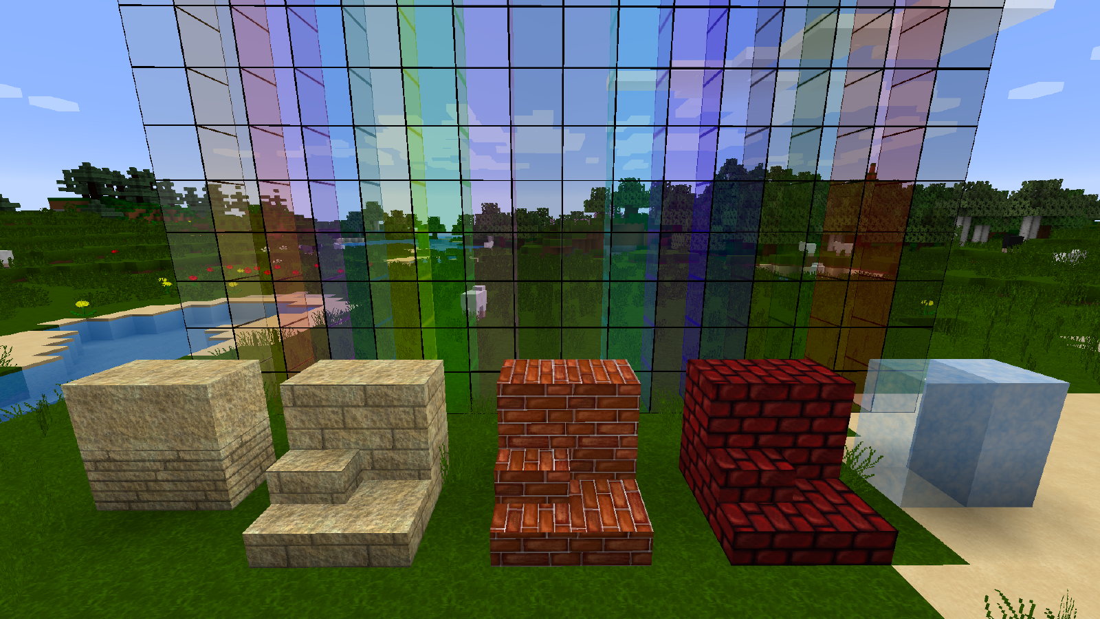 Colored glass, sandstone, bricks, nether bricks, and ice