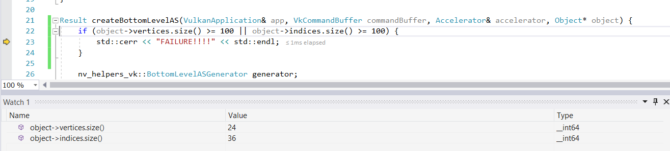Visual Studio debugger showing a contradictory condition